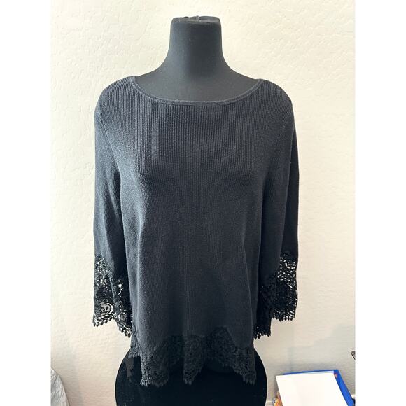 CHICO’S | Black Knit Sweater Lace Trim Hem & Sleeves | Size 3 XL - Picture 2 of 7